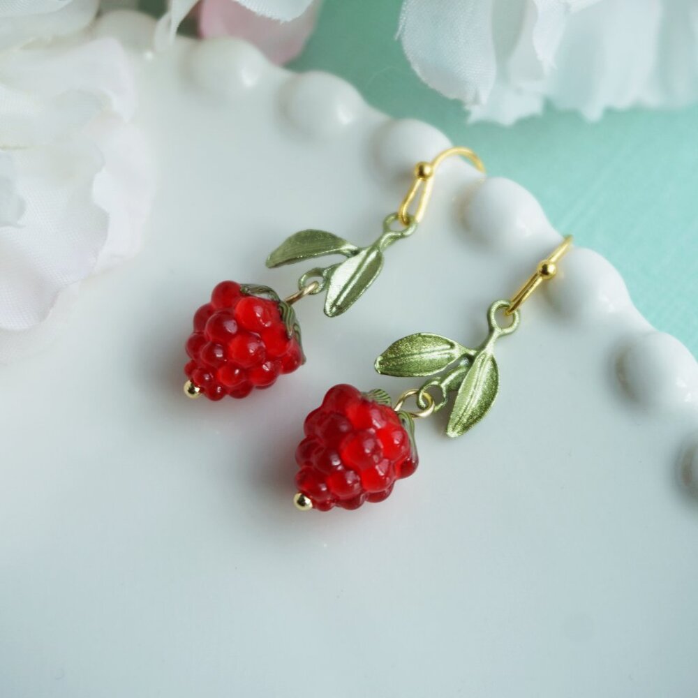 Brand new handmade Cute raspberry earrings red glass raspberry earrings